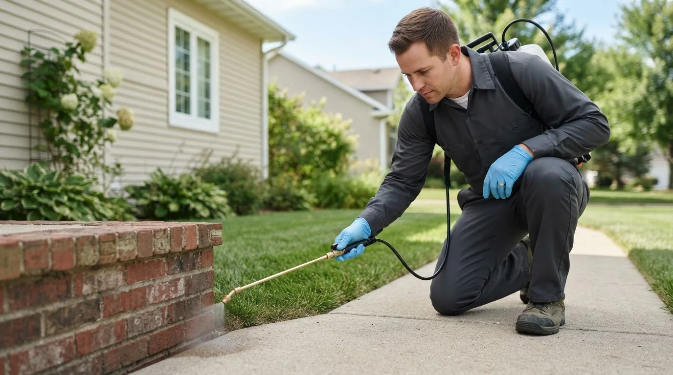 Pest control technician treating a home near Goose Lake, IA