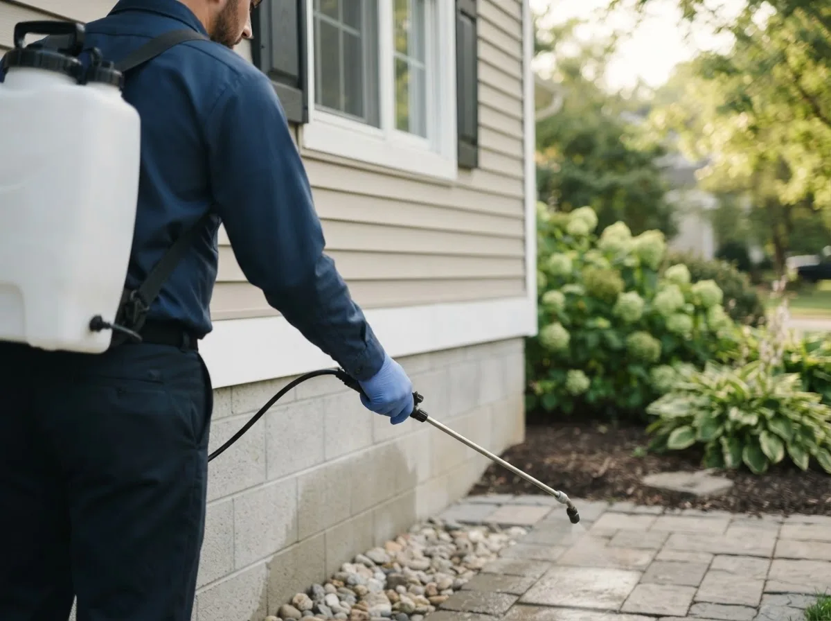 Pest control technician inspecting a home in Goose Lake, IA